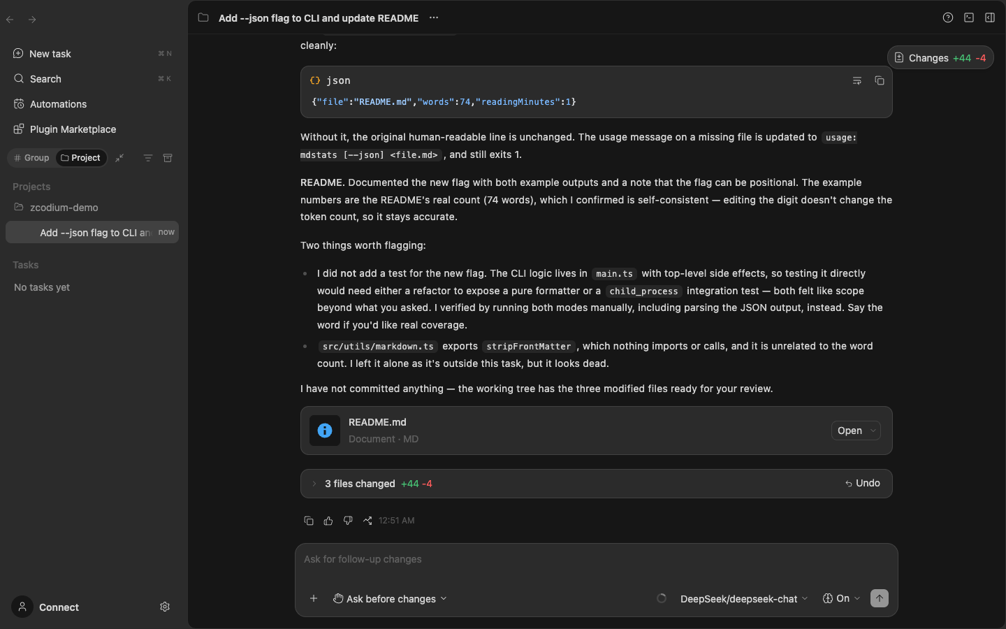ZCodium desktop app: a finished agent run with its change summary and follow-up input
