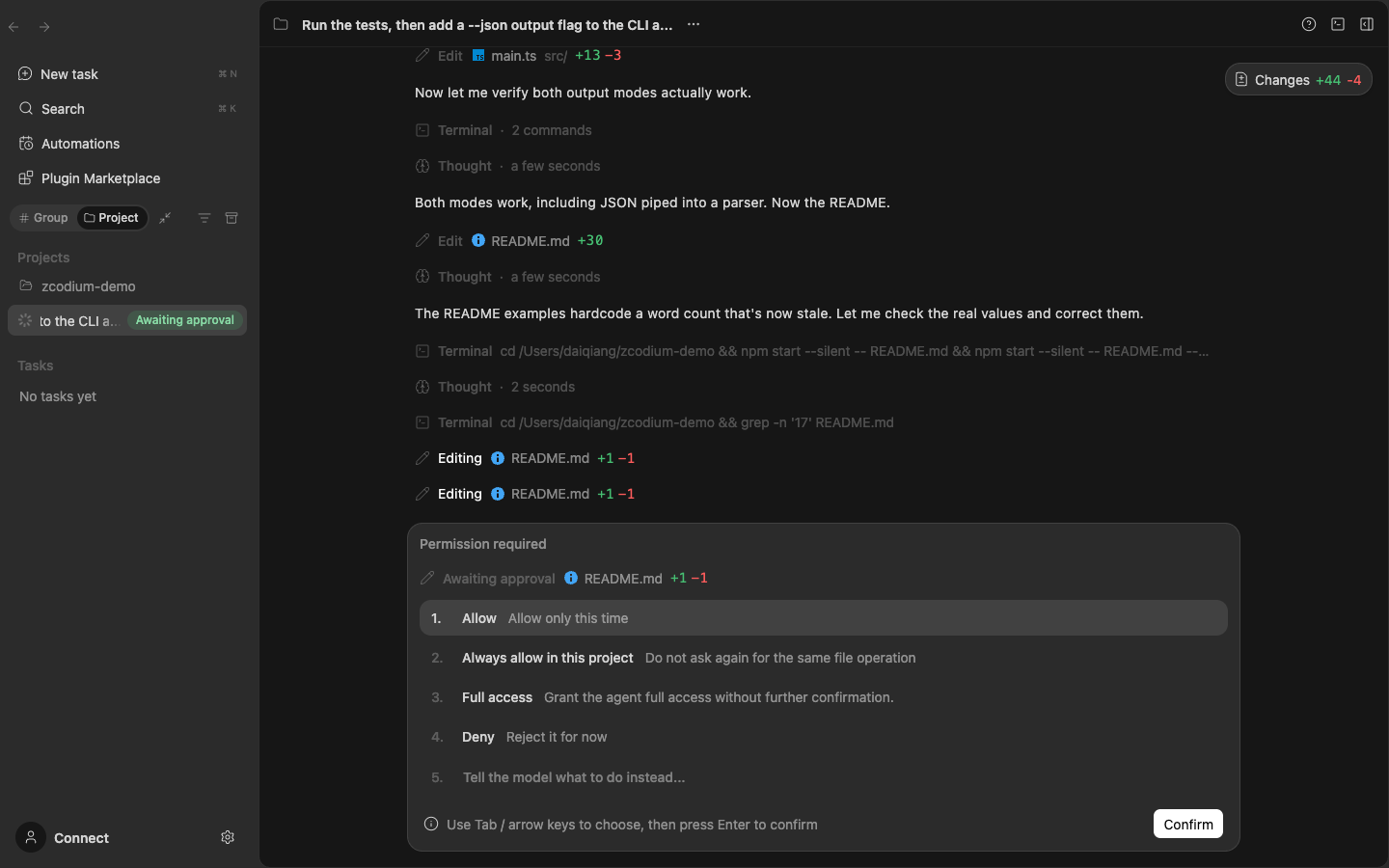 ZCodium asking for permission before editing a file: allow once, always in this project, full access, or deny